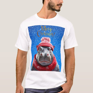 メリークリスマスヒッポサンタハットとスカーフ Tシャツ