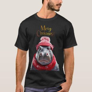 メリークリスマスヒッポサンタハットとスカーフ Tシャツ