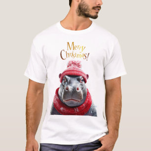 メリークリスマスヒッポサンタハットとスカーフ Tシャツ