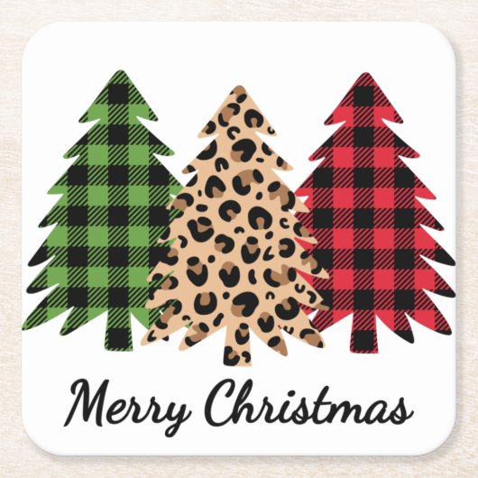 メリークリスマスヒョウとプレイドの木 スクエアペーパーコースター (正面)