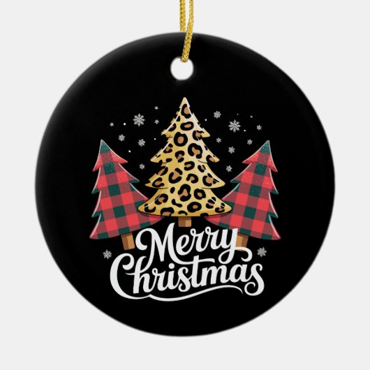 メリークリスマスヒョウ格子柄クリスマスホリデー セラミックオーナメント (正面)
