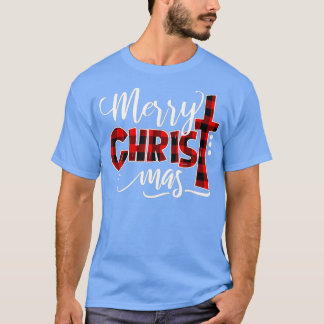 メリークリスマスヒョウ水牛レッドプレイド男性へ Tシャツ