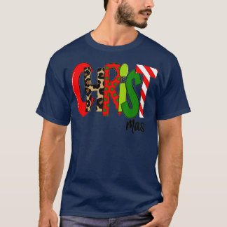 メリークリスマスヒョウ水牛レッドプレイド男性へ Tシャツ