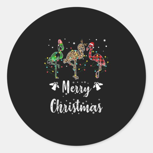 メリークリスマスヒョウ赤い緑の格子柄フラミンゴ ラウンドシール (正面)
