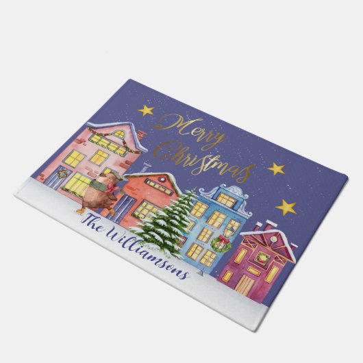 メリークリスマスビレッジシーンホリデー ドアマット (アングル)