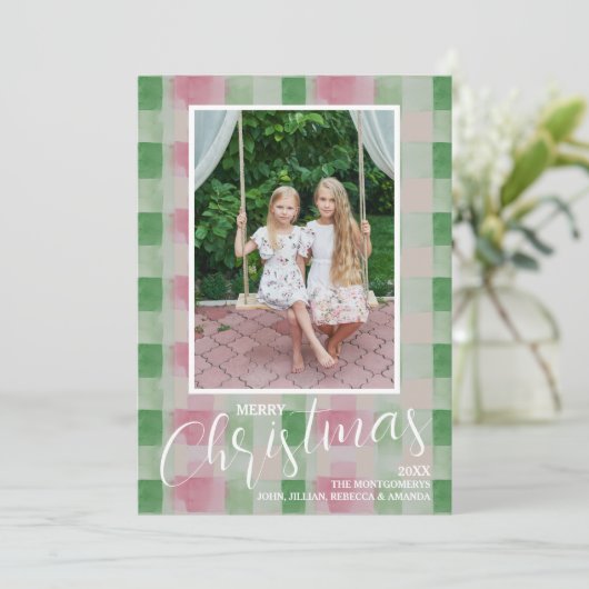 メリークリスマスピモダンンクと緑の格子模様の写真 シーズンカード (スタンド正面)