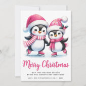 メリークリスマスピンクかわいい氷スケートで滑るペンギン シーズンカード (正面)