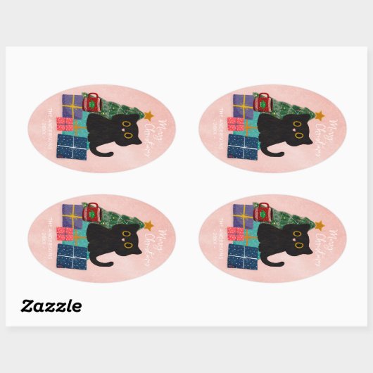 メリークリスマスピンクかわいい黒猫クリスマスツリー 楕円形シール (シート)