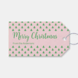メリークリスマスピンクと緑のクリスマスツリー ギフトタグ
