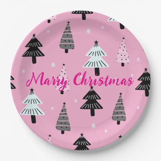メリークリスマスピンクのクリスマスデコレーション ペーパープレート (正面)