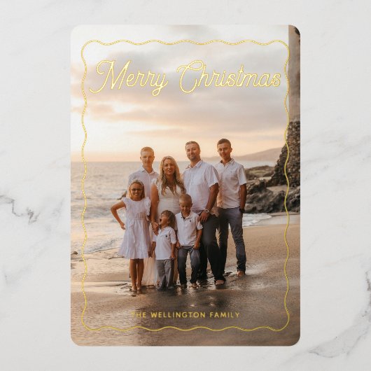 メリークリスマスピンクのスクリプトウェーブフレームの写真 箔シーズンカード (正面)