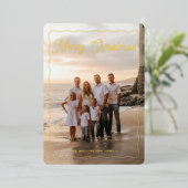 メリークリスマスピンクのスクリプトウェーブフレームの写真 箔シーズンカード (立ち正面)