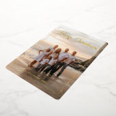 メリークリスマスピンクのスクリプトウェーブフレームの写真 箔シーズンカード (回転した状態)