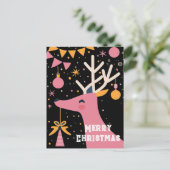 メリークリスマスピンクのトナカイフェスティバルイラストレーション ポストカード (スタンド正面)