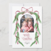 メリークリスマスピンクのリボン松のアーチ写真 シーズンカード (正面)