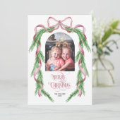 メリークリスマスピンクのリボン松のアーチ写真 シーズンカード (スタンド正面)
