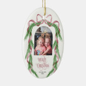 メリークリスマスピンクのリボン松のアーチ写真 セラミックオーナメント (右)