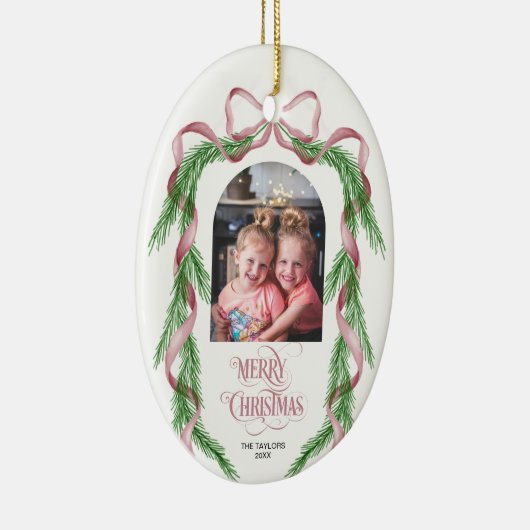 メリークリスマスピンクのリボン松のアーチ写真 セラミックオーナメント (右)