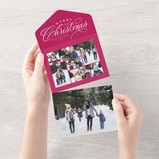 メリークリスマスピンクの写真コラージュユニークホリデー オールインワン招待状 (貼ってはがせる)