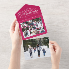 メリークリスマスピンクの写真コラージュユニークホリデー オールインワン招待状