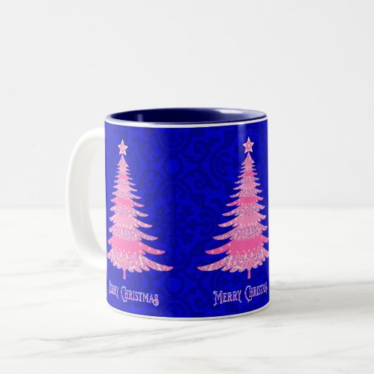 メリークリスマスピンクの木が輝く雪 ツートーンマグカップ (正面左)