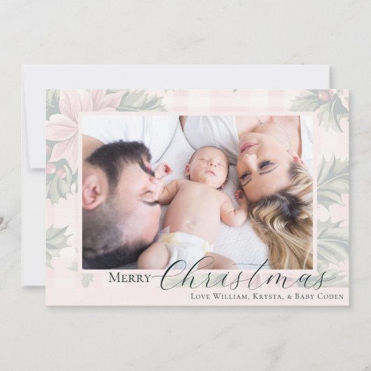 メリークリスマスピンクの格子模様のポインセチア写真 シーズンカード (正面)