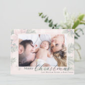 メリークリスマスピンクの格子模様のポインセチア写真 シーズンカード (スタンド正面)