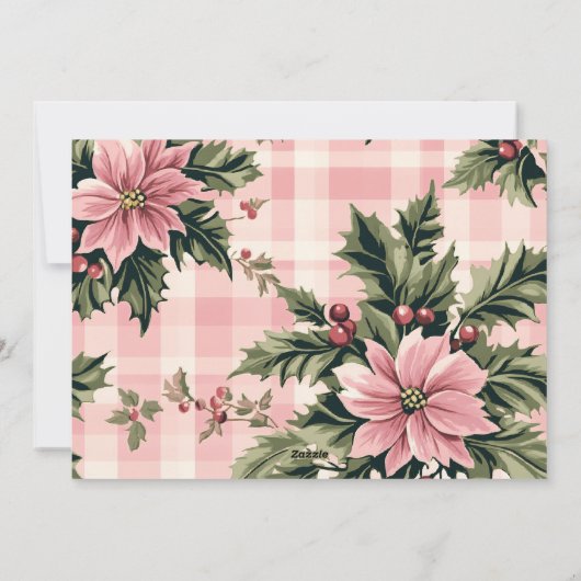 メリークリスマスピンクの格子模様のポインセチア写真 シーズンカード (裏面)