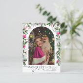 メリークリスマスピンクの植物性のアーチ写真の休日 ポストカード (スタンド正面)