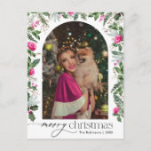 メリークリスマスピンクの植物性のアーチ写真の休日 ポストカード (正面)