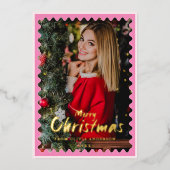 メリークリスマスピンクの波縁ど状のフレーム写真 箔シーズンカード (正面)