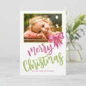 メリークリスマスピンクの緑のスクリプト写真 シーズンカード (スタンド正面)