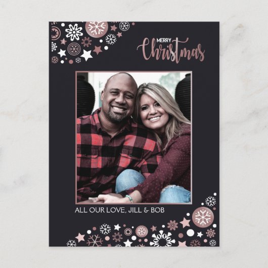 メリークリスマスピンクの金ゴールド雪 シーズンポストカード (正面)