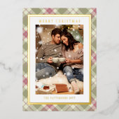 メリークリスマスピンクグリーンプレイドタータンチェック写真 箔シーズンカード (正面)