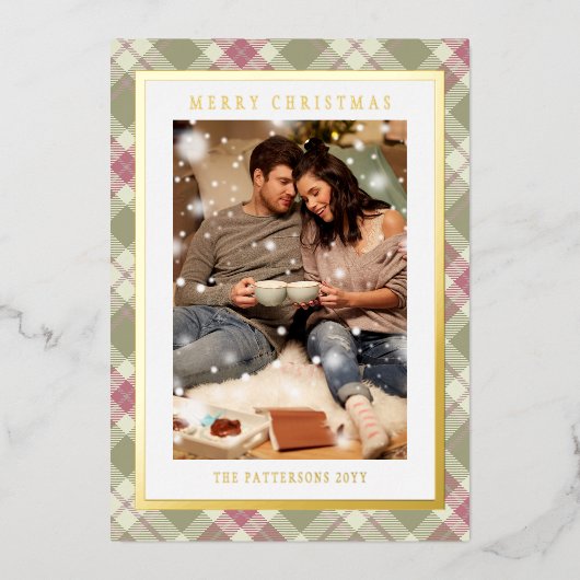 メリークリスマスピンクグリーンプレイドタータンチェック写真 箔シーズンカード (正面)