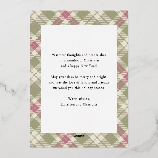 メリークリスマスピンクグリーンプレイドタータンチェック写真 箔シーズンカード (裏面)