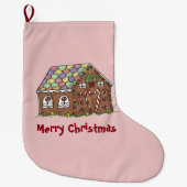 メリークリスマスピンクジンジャーブレッドハウスホリデー ラージクリスマスストッキング (正面)