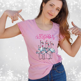 メリークリスマスピンクフラミンゴフックサンタハット Tシャツ