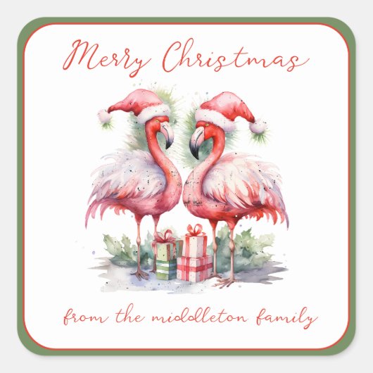 メリークリスマスピンクフラミンゴ スクエアシール (正面)