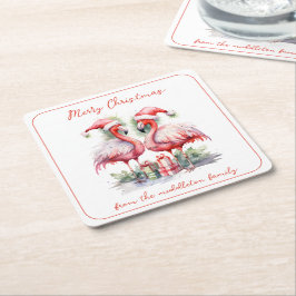 メリークリスマスピンクフラミンゴ スクエアペーパーコースター