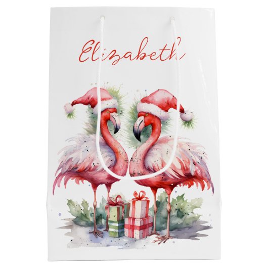 メリークリスマスピンクフラミンゴ ミディアムペーパーバッグ (裏面)