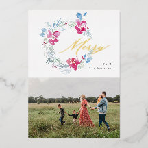 メリークリスマスピンクブルーウォーターカラーフラワーリース