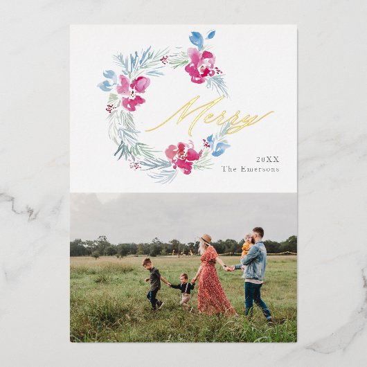 メリークリスマスピンクブルーウォーターカラーフラワーリース 箔シーズンカード (正面)