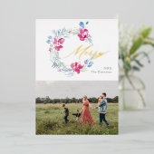 メリークリスマスピンクブルーウォーターカラーフラワーリース 箔シーズンカード (立ち正面)