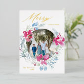 メリークリスマスピンクブルーウォーターカラーフラワーリース 箔シーズンカード (立ち正面)