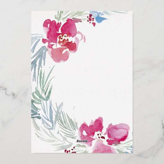 メリークリスマスピンクブルーウォーターカラーフラワーリース 箔シーズンカード (裏面)