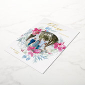 メリークリスマスピンクブルーウォーターカラーフラワーリース 箔シーズンカード (回転した状態)