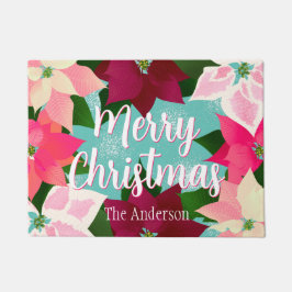 メリークリスマスピンクポインセティアス ドアマット