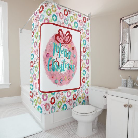 メリークリスマスピンクリースレトロクリスマス シャワーカーテン (インサイチュ)
