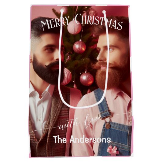 メリークリスマスピンク写真 | カスタム名 ミディアムペーパーバッグ (裏面)